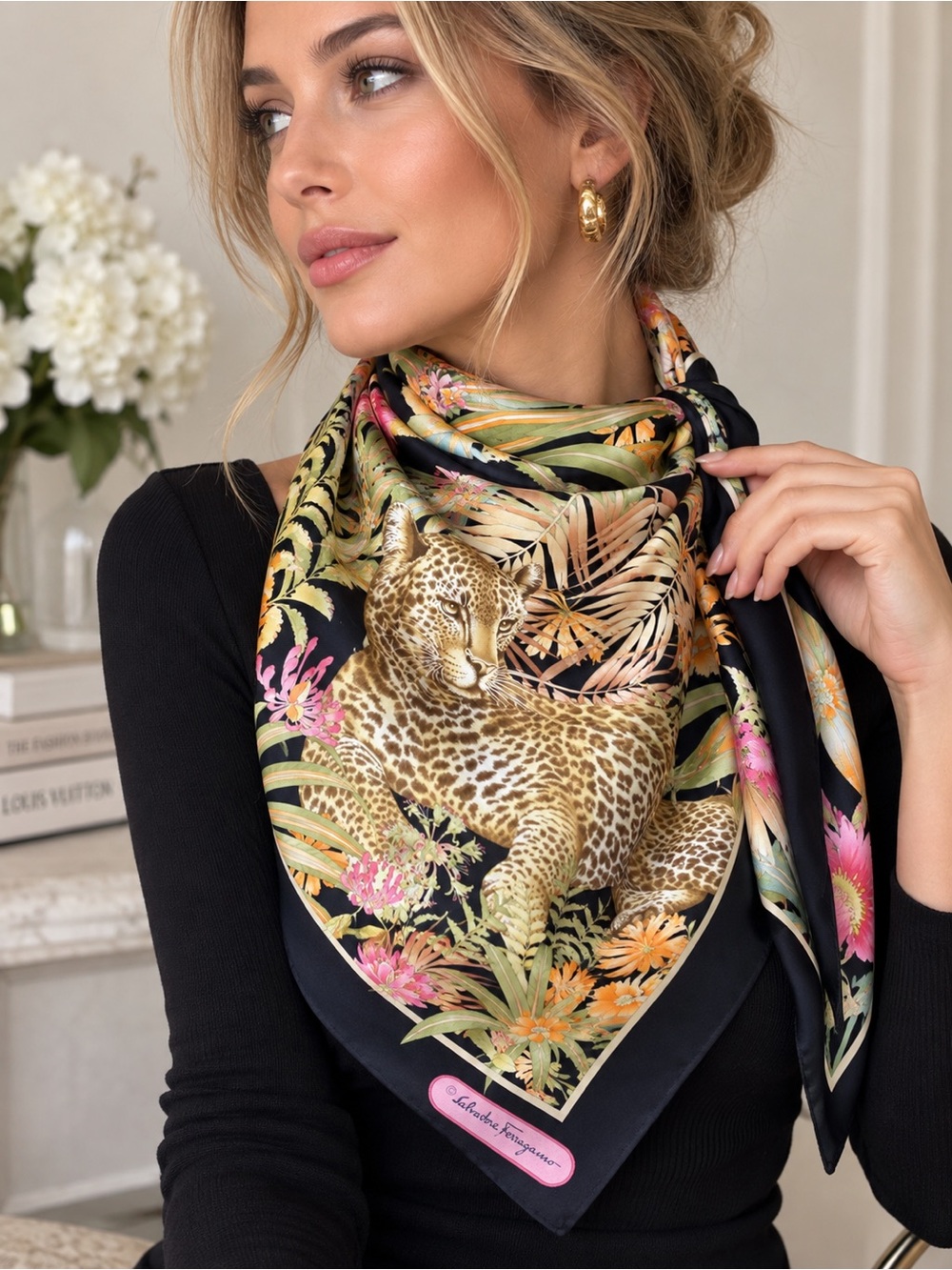 Salvatore Ferragamo Leopard Jungle Floral Silk Scarf